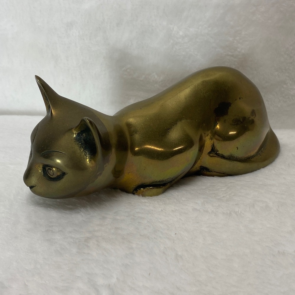 VTG Brass Stalking Cat Shelf Book Sitter Korea Metal Cat Kitten Statue Decor